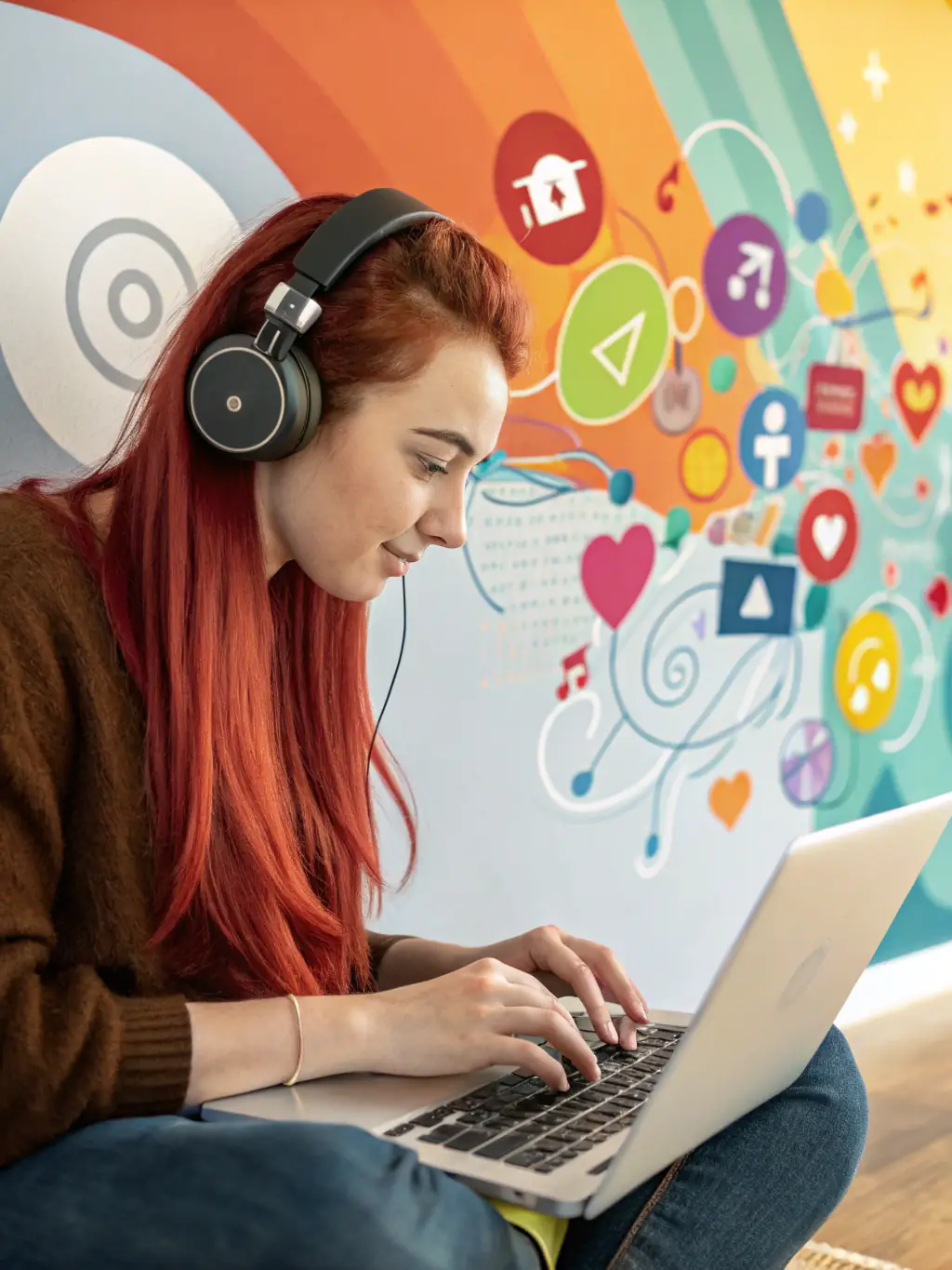 A person is studying cryptocurrency tutorials on a laptop, surrounded by educational charts and diagrams illustrating blockchain technology.